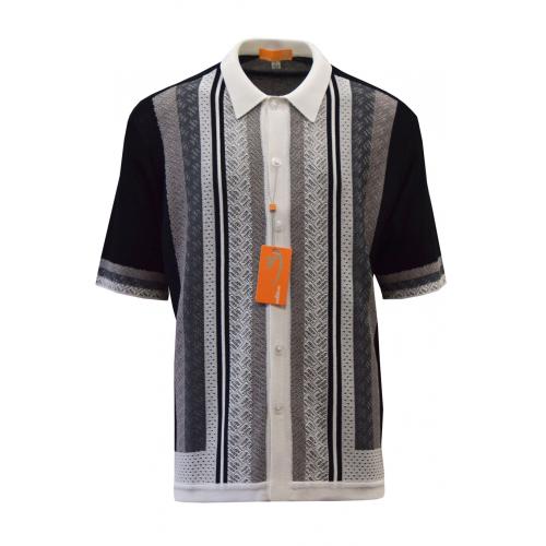 Silversilk Black / White / Grey Button Up Knitted Short Sleeve Shirt 3008